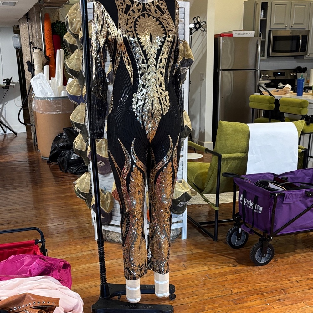 Fashion Nova Black and Gold Embellished Jumpsuit